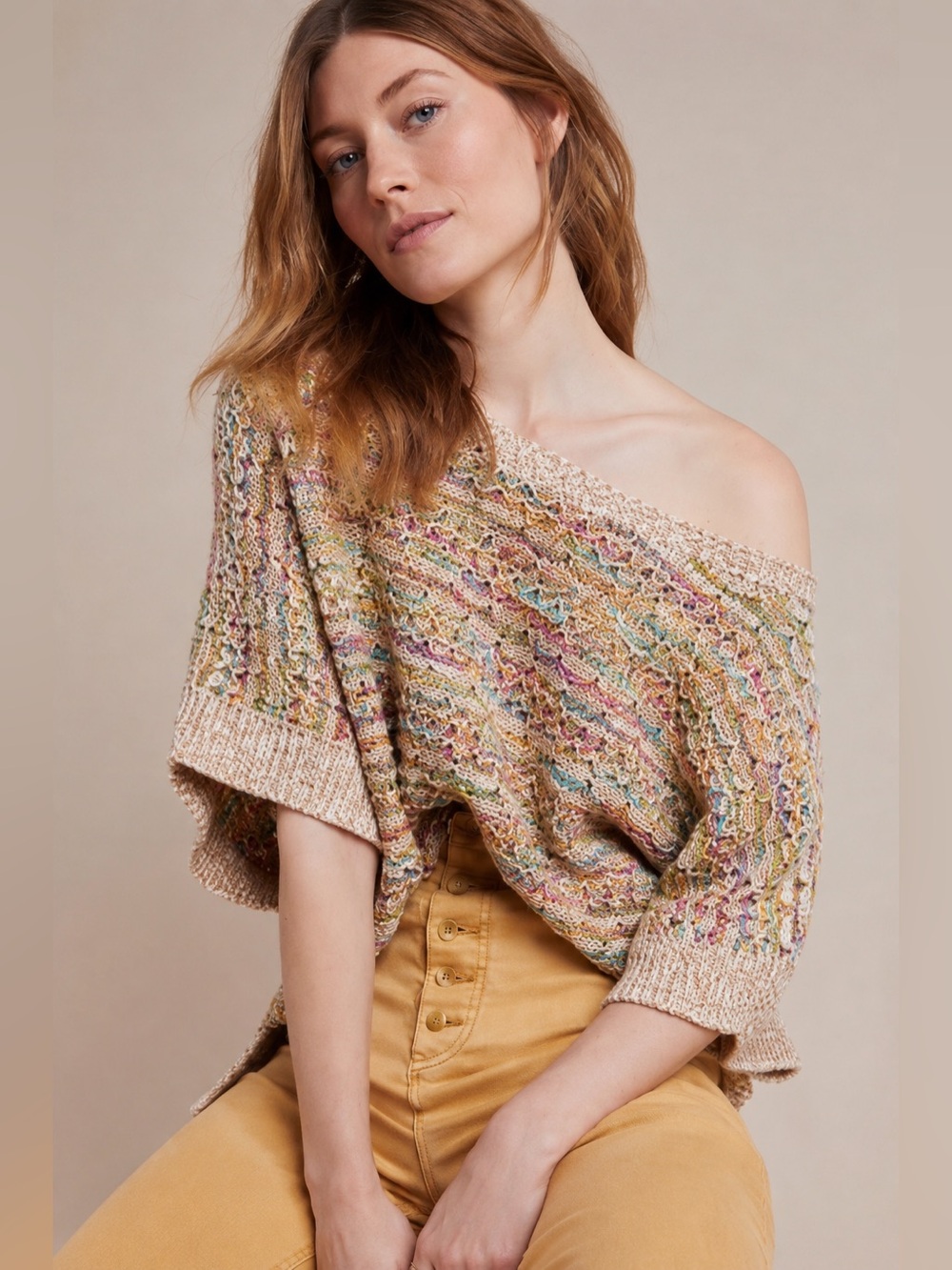 Anthropologie Yareli Sweater Tee XS Multicolor Dolman Knit Top Grandmacore Boho